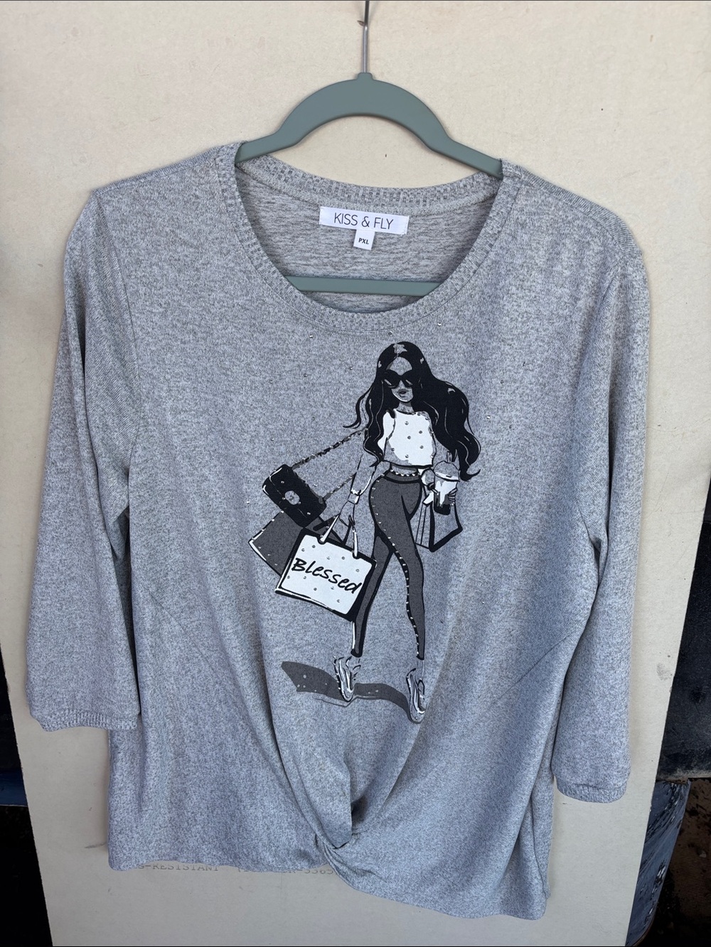 Kiss & Fly Women's Gray 'Blessed' Graphic Knot-Front Long Sleeve Tee